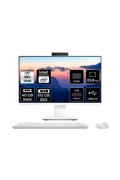ASUS V440 i5 13420H 40GB 512GB SSD 23.8" FHD FDOS All in One Bilgisayar Beyaz & USB Bellek ürün görseli