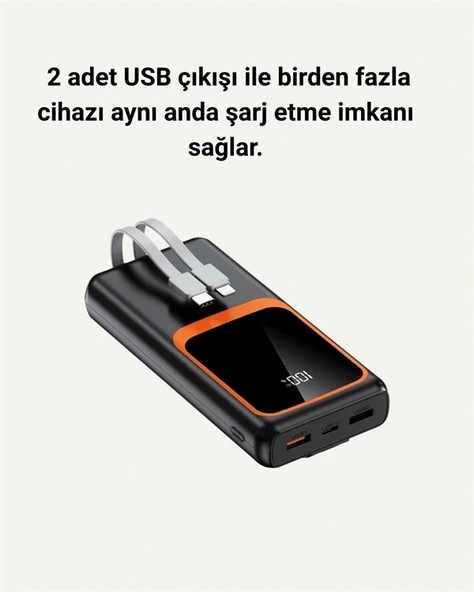 Powerbank 20000 mAh | 22.5W Hızlı Şarj, Dahili Kablolu, LCD Ekranlı Şarj Cihazı - Resim 4