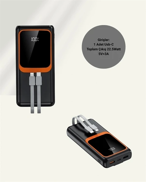 Powerbank 20000 mAh | 22.5W Hızlı Şarj, Dahili Kablolu, LCD Ekranlı Şarj Cihazı - Resim 5