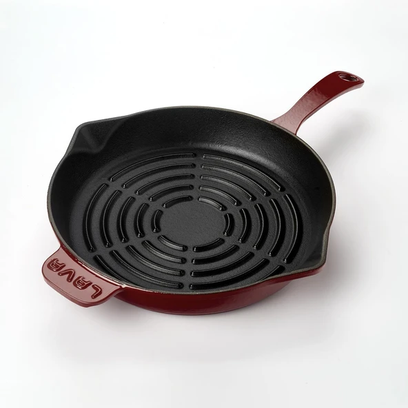 Lava Döküm Yuvarlak Izgara Tava Döküm Demir Yekpare Saplı Radyal Dokulu İç Yüzey Çap(Ø)28cm.-Bordo - Resim 2
