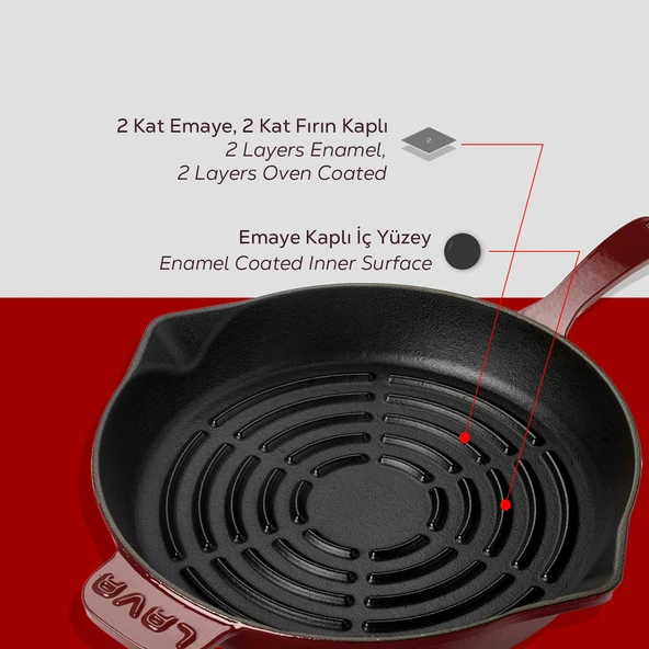 Lava Döküm Yuvarlak Izgara Tava Döküm Demir Yekpare Saplı Radyal Dokulu İç Yüzey Çap(Ø)28cm.-Bordo - Resim 6