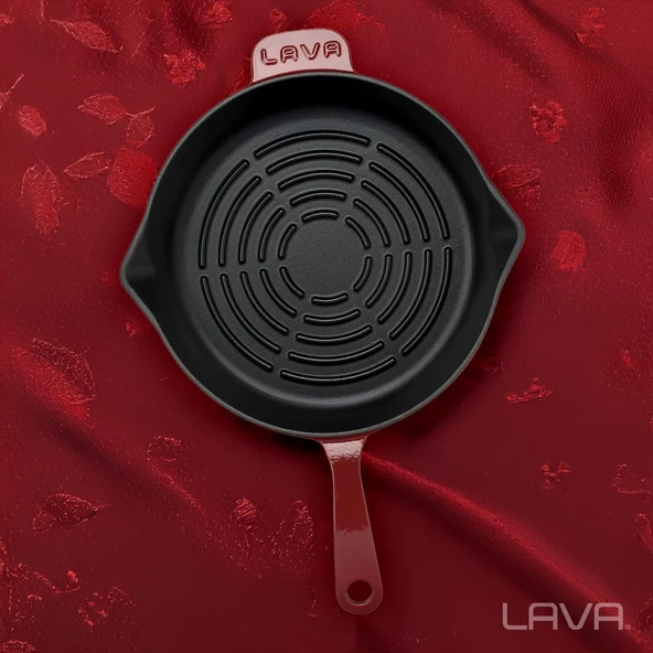 Lava Döküm Yuvarlak Izgara Tava Döküm Demir Yekpare Saplı Radyal Dokulu İç Yüzey Çap(Ø)28cm.-Bordo - Resim 7