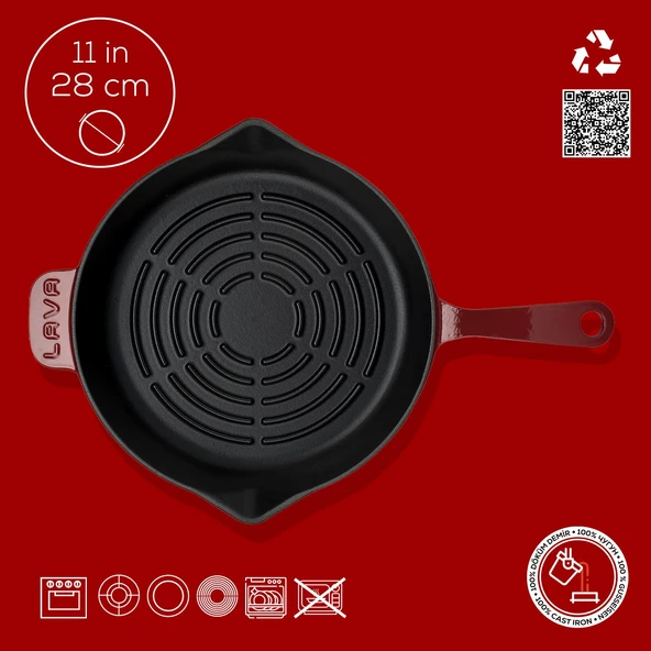 Lava Döküm Yuvarlak Izgara Tava Döküm Demir Yekpare Saplı Radyal Dokulu İç Yüzey Çap(Ø)28cm.-Bordo - Resim 4