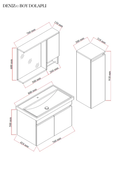 Karen Banyo Deniz 80 Cm Lavabolu, Aynalı Banyo Dolabı, Lavabo Dahil, Boy Dolabı Dahil, Beyaz - 6