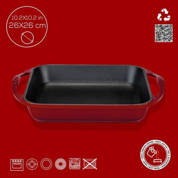 Lava Döküm Kare Kızartma Tavası Döküm Demir Yekpare Çift Kulplu Ölçü 26x26cm.-Bordo - Resim 4