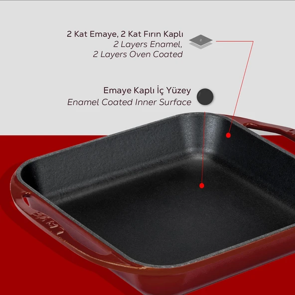 Lava Döküm Kare Kızartma Tavası Döküm Demir Yekpare Çift Kulplu Ölçü 26x26cm.-Bordo - Resim 6