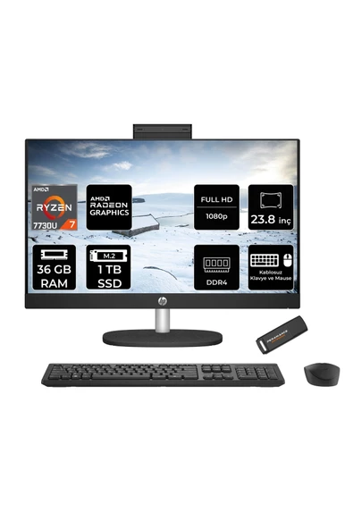 HP 24-CR0013NT R7 7730U 36GB 1TB SSD Radeon Graphics 23.8" FHD IPS FDOS All In One PC Siyah & PER4 ürün görseli