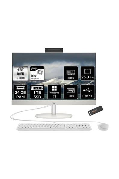 HP ProOne 240 G10 i5 1335U 24GB 1TB SSD Iris Xe Graphics 23.8" FHD W11H All In One PC Beyaz & PER4 ürün görseli