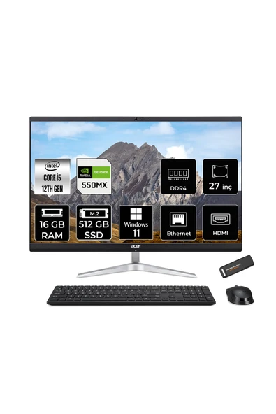 ACER Aspire C27-1751 i5 1240P 16GB 512GB SSD GeForce MX550/2GB 27" FHD W11P All In One PC Siyah & PE - 1