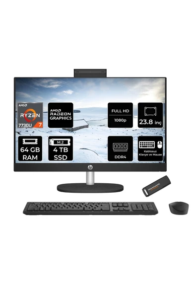 HP 24-CR0013NT R7 7730U 64GB 4TB SSD Radeon Graphics 23.8" FHD IPS FDOS All In One PC Siyah & PER4 ürün görseli