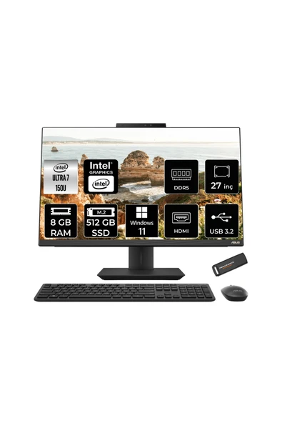 ASUS A5702WVARK Ultra 7 150U 8GB DDR5 512GB SSD Intel Graphics 27" FHD W11H Siyah All in One & PER4 ürün görseli