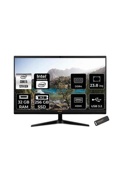 ACER Aspire C24-1800 i5 1335U 32GB 256GB SSD Intel Graphics 23.8" FHD FDOS All In One PC Siyah & PER ürün görseli