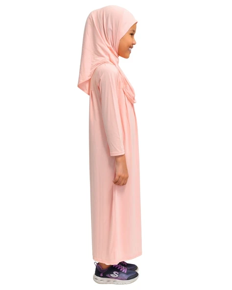 Penye Kendinden Başörtülü Çocuk Namaz Elbisesi Açık Pembe/ 6-7-8 yaş - 5