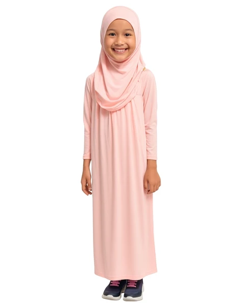 Penye Kendinden Başörtülü Çocuk Namaz Elbisesi Açık Pembe/ 6-7-8 yaş - 1