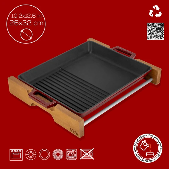 Lava Döküm Dikdörtgen Hibrit Izgara Tavası Kayın Servis Ahşabı Döküm Demir Yekpare Çift Kulplu Ölçü 26x32cm.-Bordo - Resim 4
