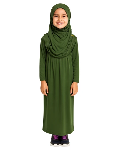 Penye Kendinden Başörtülü Çocuk Namaz Elbisesi Yeşil/ 6-7-8 yaş - 1