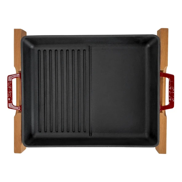Lava Döküm Dikdörtgen Hibrit Izgara Tavası Kayın Servis Ahşabı Döküm Demir Yekpare Çift Kulplu Ölçü 26x32cm.-Bordo - Resim 3
