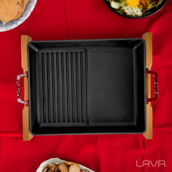 Lava Döküm Dikdörtgen Hibrit Izgara Tavası Kayın Servis Ahşabı Döküm Demir Yekpare Çift Kulplu Ölçü 26x32cm.-Bordo - Resim 7