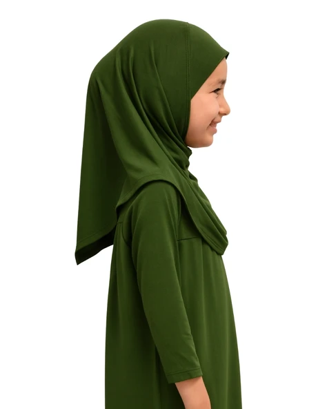 Penye Kendinden Başörtülü Çocuk Namaz Elbisesi Yeşil/ 6-7-8 yaş - 2