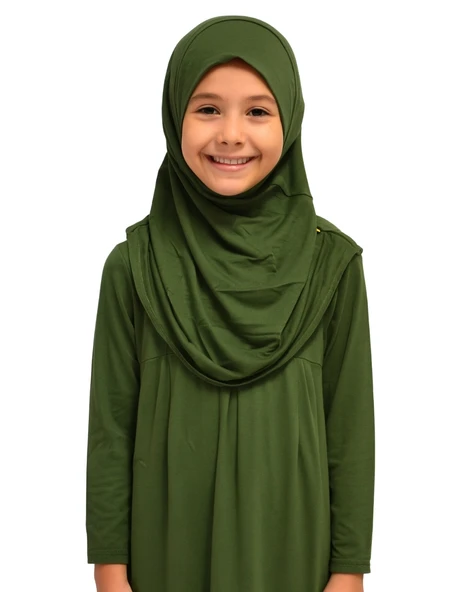 Penye Kendinden Başörtülü Çocuk Namaz Elbisesi Yeşil/ 6-7-8 yaş - 3