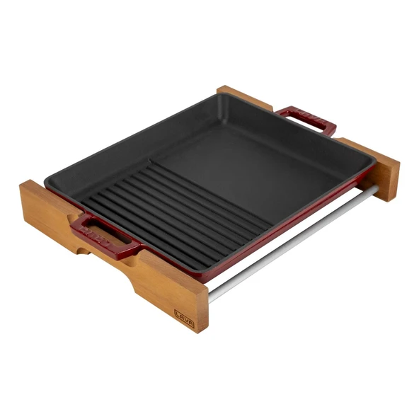 Lava Döküm Dikdörtgen Hibrit Izgara Tavası Kayın Servis Ahşabı Döküm Demir Yekpare Çift Kulplu Ölçü 26x32cm.-Bordo - Resim 2