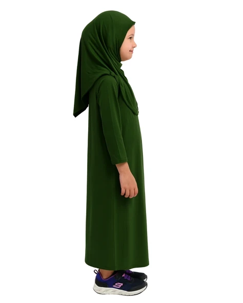Penye Kendinden Başörtülü Çocuk Namaz Elbisesi Yeşil/ 6-7-8 yaş - 5