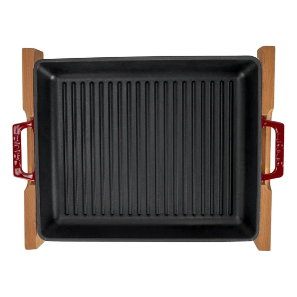 Lava Döküm Dikdörtgen Izgara Tavası Kayın Servis Ahşabı Döküm Demir Yekpare Çift Kulplu Ölçü 26x32cm. - Resim 3