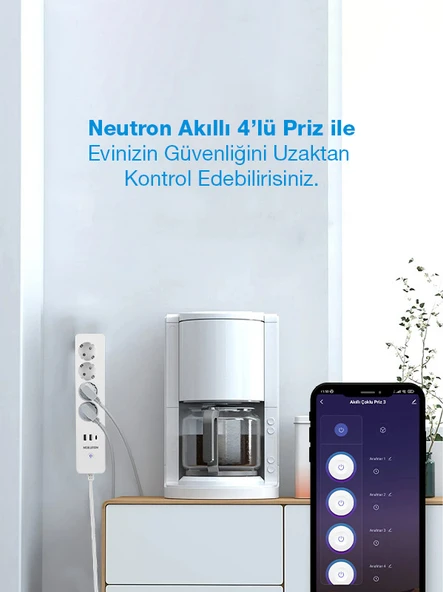 Neutron NTL-SW07 Akıllı Wi-Fi Destekli 4'lü  Akım Korumalı Priz 2 USB Uzatma Kablosu - 3