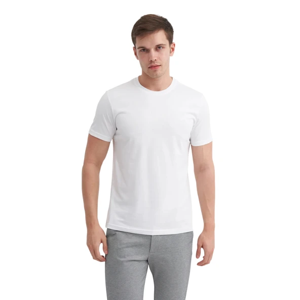 Erkek Slim Fit Bisiklet Yaka Pamuklu Düz Tişört - Resim 3