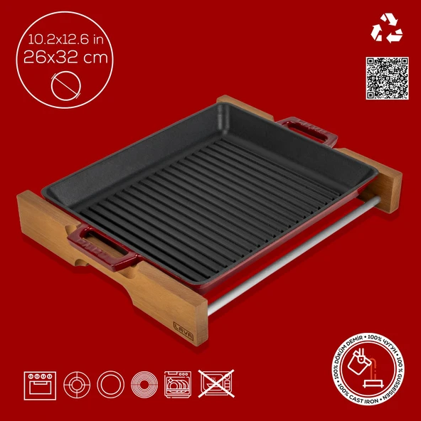 Lava Döküm Dikdörtgen Izgara Tavası Kayın Servis Ahşabı Döküm Demir Yekpare Çift Kulplu Ölçü 26x32cm. - Resim 4