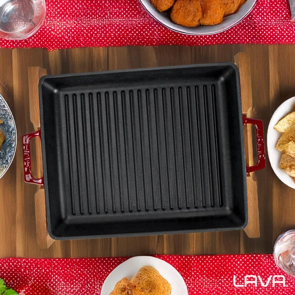 Lava Döküm Dikdörtgen Izgara Tavası Kayın Servis Ahşabı Döküm Demir Yekpare Çift Kulplu Ölçü 26x32cm. - Resim 7