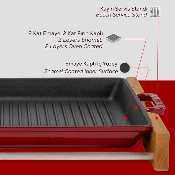 Lava Döküm Dikdörtgen Izgara Tavası Kayın Servis Ahşabı Döküm Demir Yekpare Çift Kulplu Ölçü 26x32cm. - Resim 6