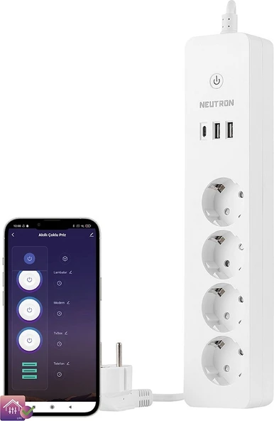 Neutron NTL-SW07 Akıllı Wi-Fi Destekli 4'lü  Akım Korumalı Priz 2 USB Uzatma Kablosu