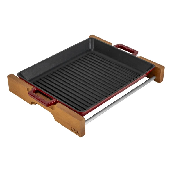 Lava Döküm Dikdörtgen Izgara Tavası Kayın Servis Ahşabı Döküm Demir Yekpare Çift Kulplu Ölçü 26x32cm. - Resim 2