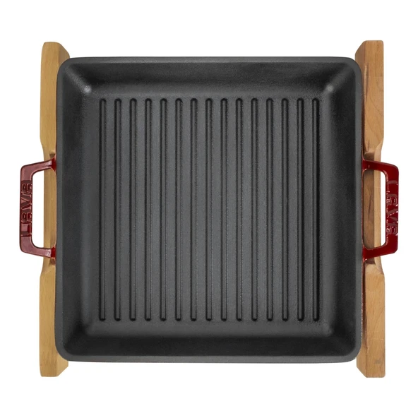 Lava Döküm Kare Izgara Tavası Kayın Servis Ahşabı Döküm Demir Yekpare Çift Kulplu Ölçü 26x26cm.-Bordo - Resim 3