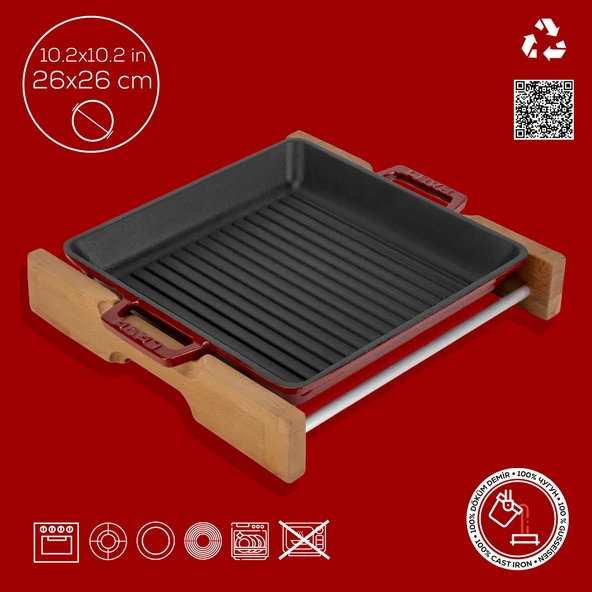 Lava Döküm Kare Izgara Tavası Kayın Servis Ahşabı Döküm Demir Yekpare Çift Kulplu Ölçü 26x26cm.-Bordo - Resim 4