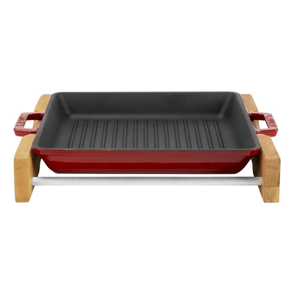 Lava Döküm Kare Izgara Tavası Kayın Servis Ahşabı Döküm Demir Yekpare Çift Kulplu Ölçü 26x26cm.-Bordo ürün görseli 1