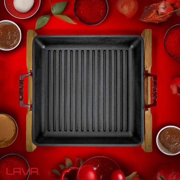Lava Döküm Kare Izgara Tavası Kayın Servis Ahşabı Döküm Demir Yekpare Çift Kulplu Ölçü 26x26cm.-Bordo - Resim 7