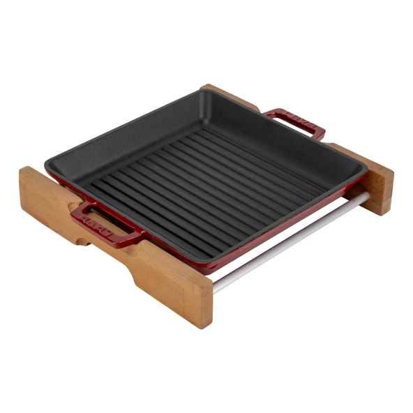 Lava Döküm Kare Izgara Tavası Kayın Servis Ahşabı Döküm Demir Yekpare Çift Kulplu Ölçü 26x26cm.-Bordo - Resim 2