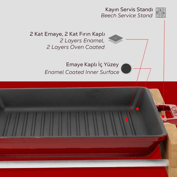 Lava Döküm Kare Izgara Tavası Kayın Servis Ahşabı Döküm Demir Yekpare Çift Kulplu Ölçü 26x26cm.-Bordo - Resim 6
