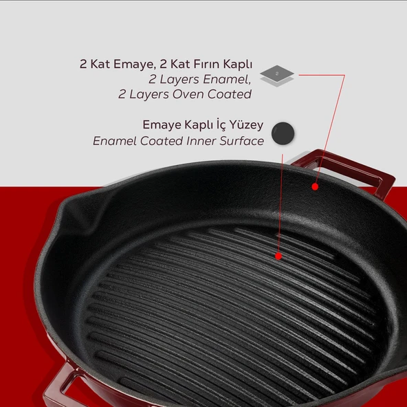 Lava Döküm Yuvarlak Izgara Tavası Döküm Demir Yekpare Çift Kulplu Konkav Taban 15mm. Çap(Ø)30cm.-Bordo - 6