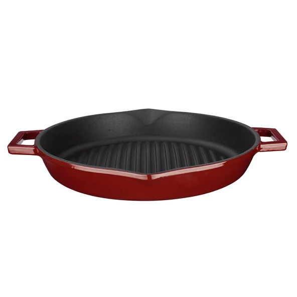 Lava Döküm Yuvarlak Izgara Tavası Döküm Demir Yekpare Çift Kulplu Konkav Taban 15mm. Çap(Ø)30cm.-Bordo