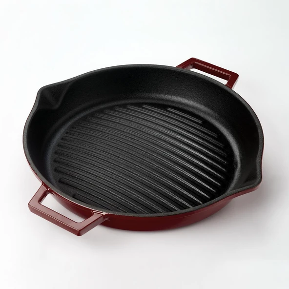 Lava Döküm Yuvarlak Izgara Tavası Döküm Demir Yekpare Çift Kulplu Konkav Taban 15mm. Çap(Ø)30cm.-Bordo - 2