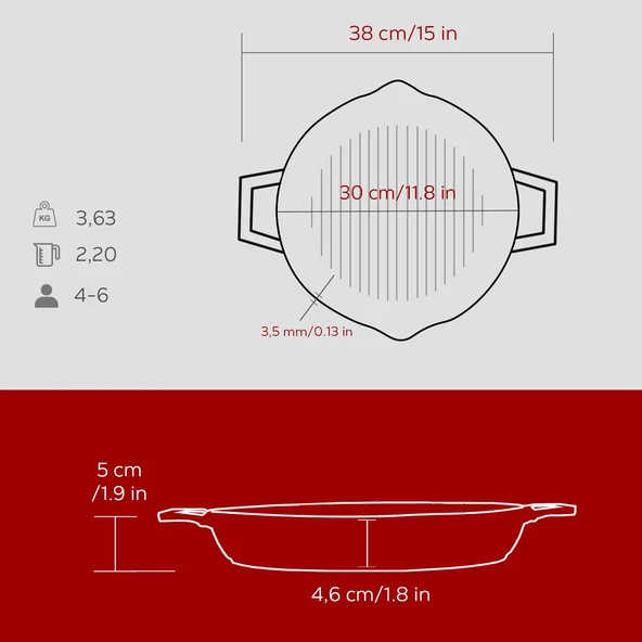 Lava Döküm Yuvarlak Izgara Tavası Döküm Demir Yekpare Çift Kulplu Konkav Taban 15mm. Çap(Ø)30cm.-Bordo - 5