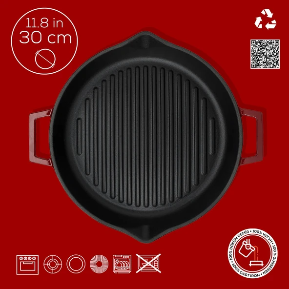 Lava Döküm Yuvarlak Izgara Tavası Döküm Demir Yekpare Çift Kulplu Konkav Taban 15mm. Çap(Ø)30cm.-Bordo - 4