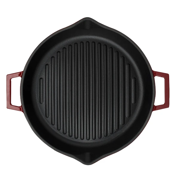 Lava Döküm Yuvarlak Izgara Tavası Döküm Demir Yekpare Çift Kulplu Konkav Taban 15mm. Çap(Ø)30cm.-Bordo - 3