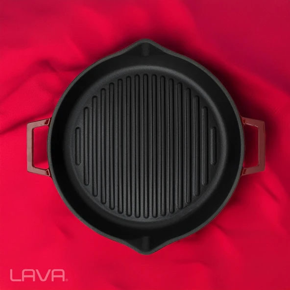 Lava Döküm Yuvarlak Izgara Tavası Döküm Demir Yekpare Çift Kulplu Konkav Taban 15mm. Çap(Ø)30cm.-Bordo - 7