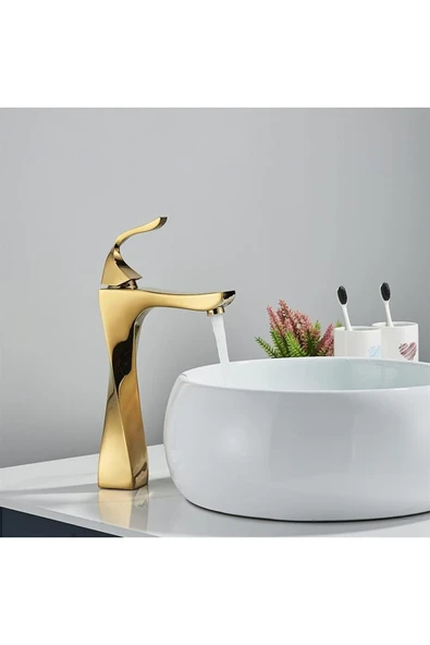 OEM Banyo Çanak Lavabo Bataryası Altın Dore Gold Renk Yeni Kıvrımlı Model 7 Yıl Garantili Ithal - Resim 4