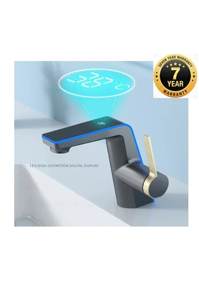 OEM Akıllı Dijital Sıcaklık Led Ekran Banyo Lavabo Bataryası Siyah Gold Renk İthal 7 Yıl Garanti ürün görseli