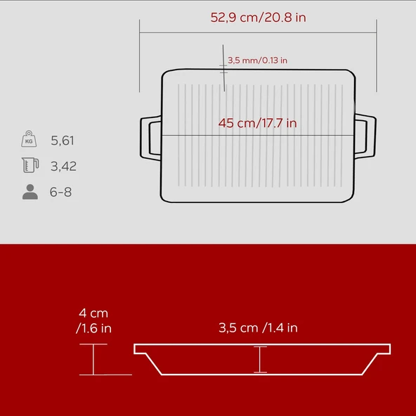 Lava Döküm Dikdörtgen Izgara Tavası Döküm Demir Yekpare Çift Kulplu Ölçü 26x45cm.-Bordo - Resim 5